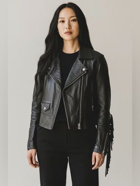 Vintage Leather Cropped Moto Jacket w/Fringe on arms/back Women-Size Small